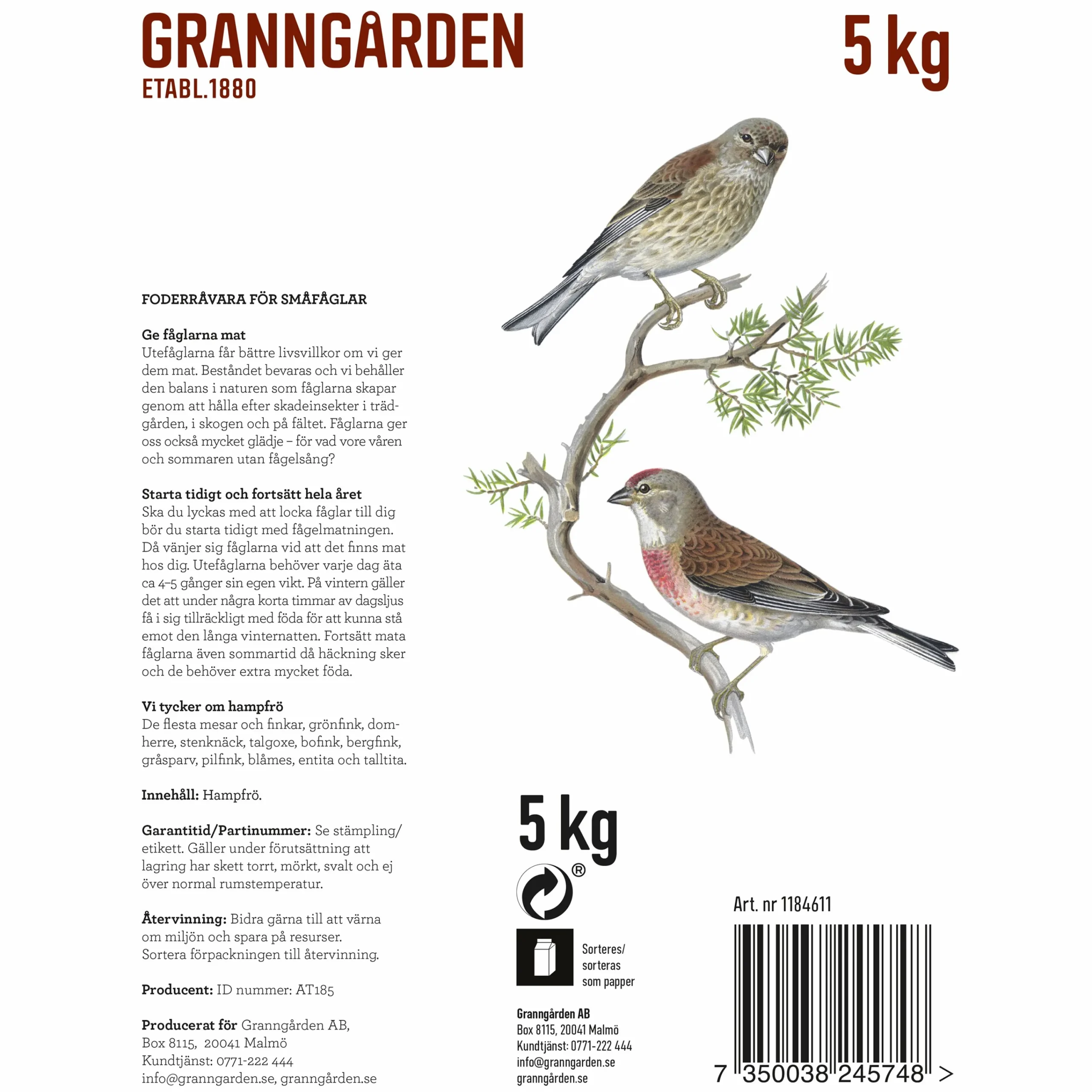 Fågelmat Hampfrö 5kg>Granngården Best