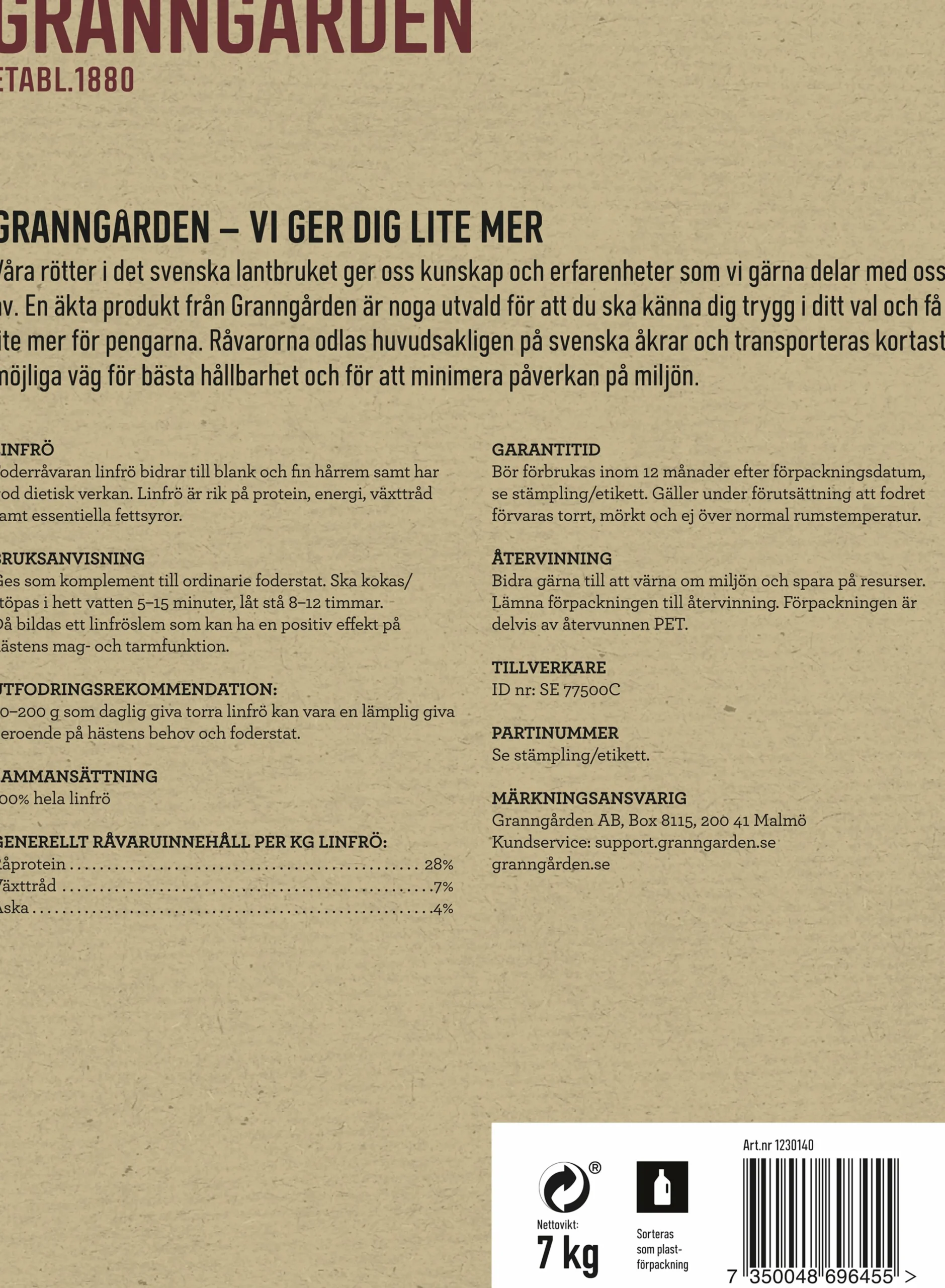 Fodertillskott Linfrö 7kg>Granngården New