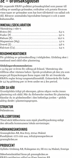 Grönsaksgödsel KRAV 7kg>Granngården Sale