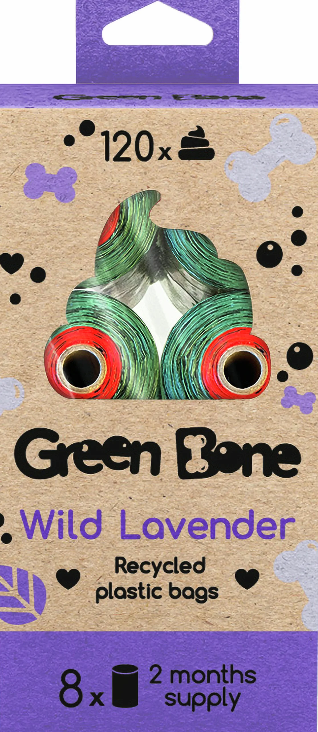 Hundbajspåsar Wild Lavender 8 rullar/120 påsar>Green Bone