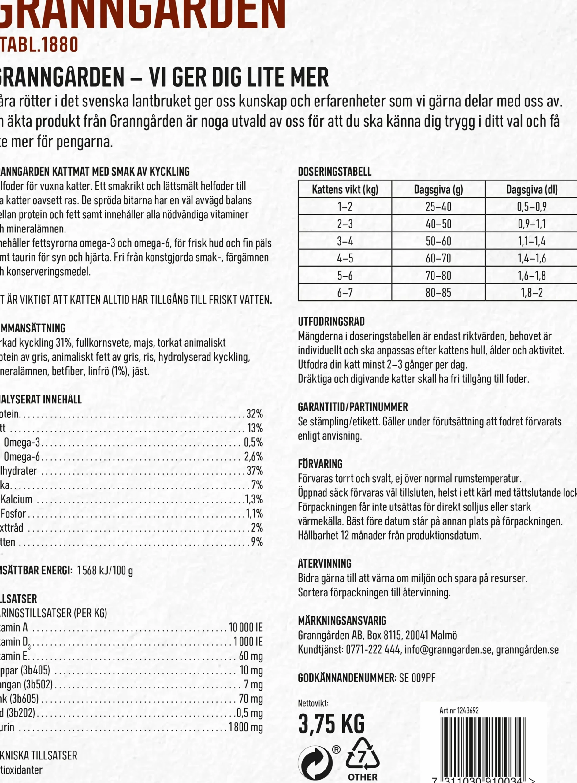 Kattmat Adult Kyckling 3,75kg>Granngården Outlet