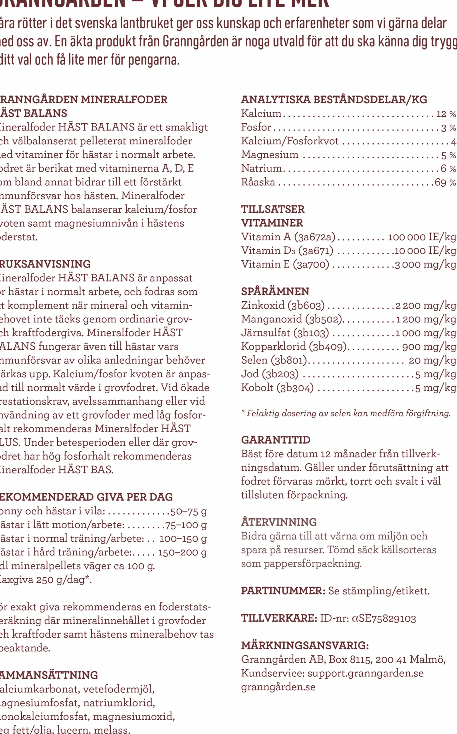 Mineralfoder Häst Balans 15kg>Granngården New