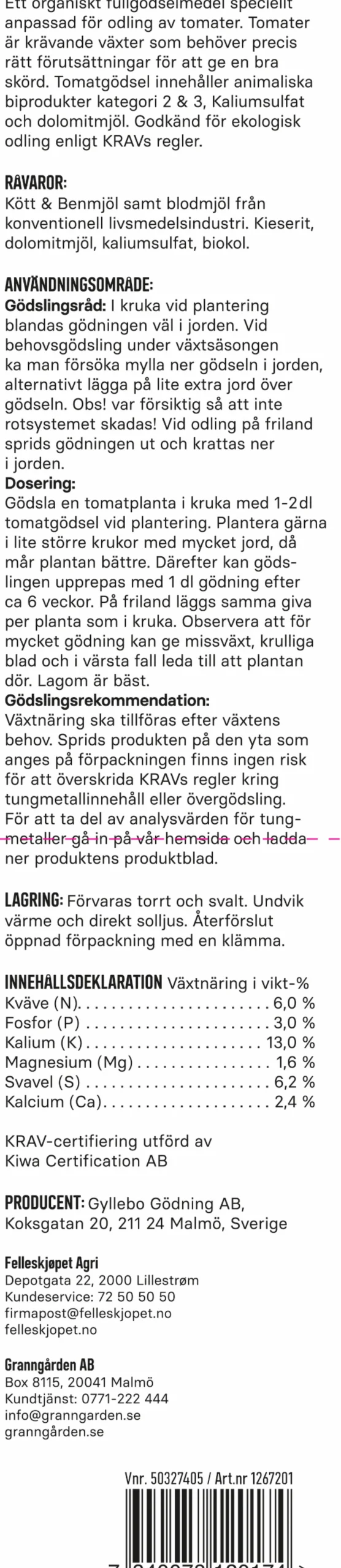Tomatgödsel KRAV 900g>Granngården Online