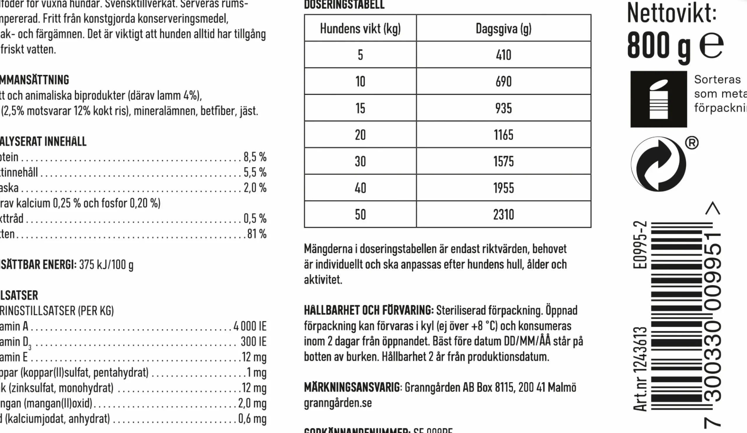 Våtfoder Paté Lamm & Ris 800g>Granngården Clearance